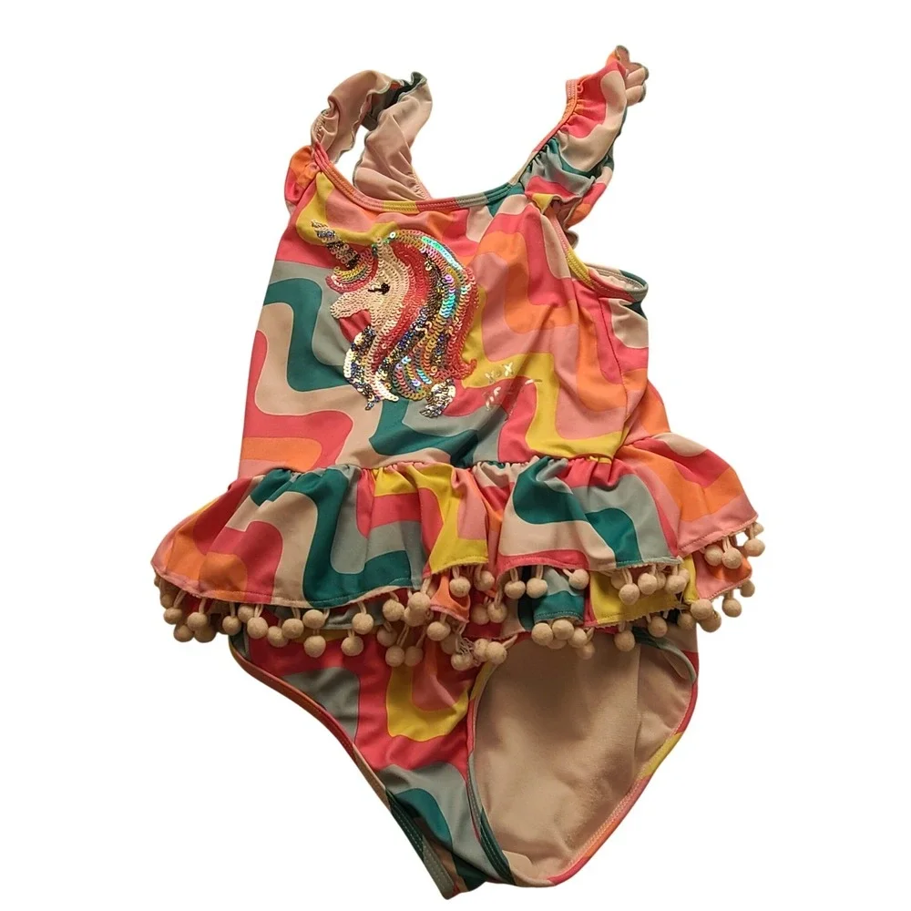 Betsey Johnson Girls XL 14 Sequin Unicorn One Piece Swimsuit Retro Wavy Pom Pom